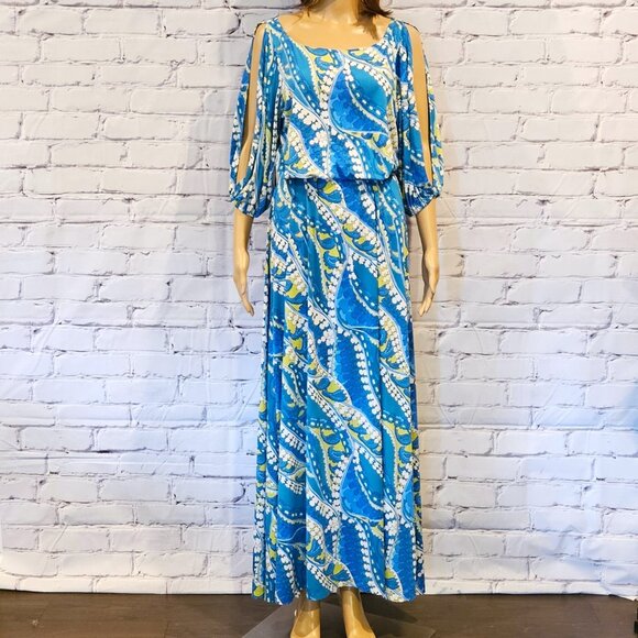NIKKI POULOS, Turquoise/lime green print cold shoulder maxi Hydra dress - Picture 6 of 15